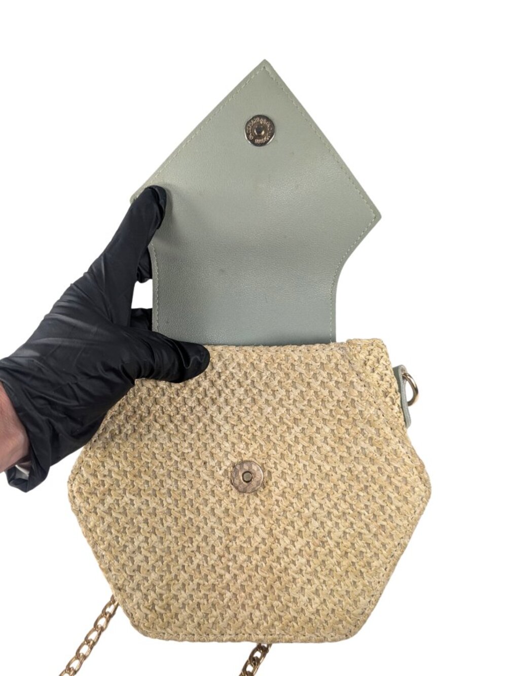 Haute Sauce Hexagon Small Woven Raffia Sage Green Faux Leather Flap Crossbody - Picture 8 of 10